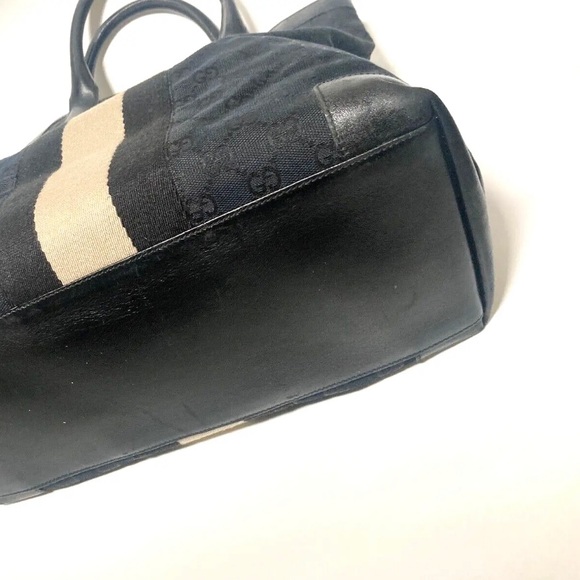 GUCCI VINTAGE GUCCISSIMA GG SHERRY LINE WEB TOTE BAG CANVAS LEATHER BLACK/CREAM - Picture 12 of 16